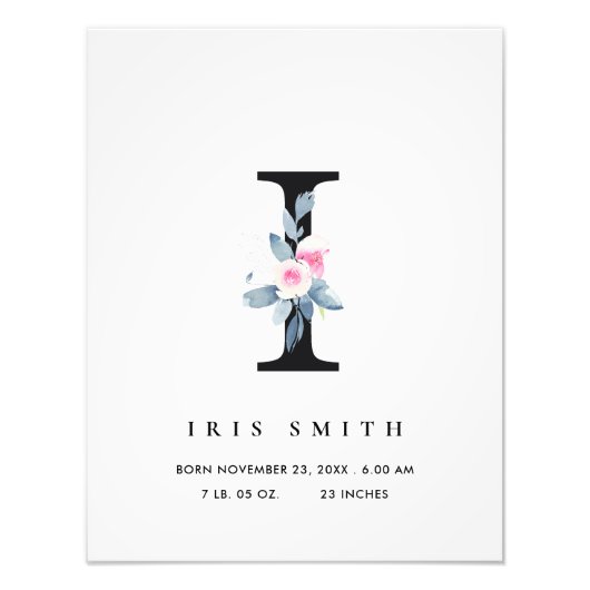 BLUSH BLUE FLORAL ALPHABET NAME I BABY GEBURTSTATT FOTODRUCK (Vorne)