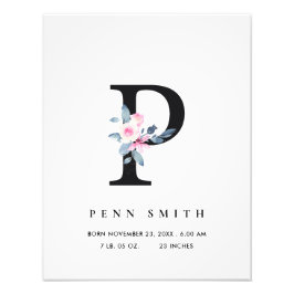 BLUSH BLUE FLORAL ALPHABET NAME P BABY GEBURTSTATT FOTODRUCK