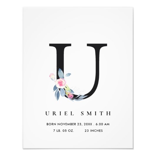BLUSH BLUE FLORAL ALPHABET NAME U BABY GEBURTSTATT FOTODRUCK (Vorne)