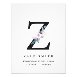 BLUSH BLUE FLORAL ALPHABET NAME Z BABY GEBURTSTATT FOTODRUCK