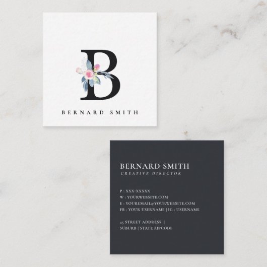 BLUSH BLUE FLORAL ALPHABETS NAME LETTER B QUADRATISCHE VISITENKARTE (Vorne/Hinten)