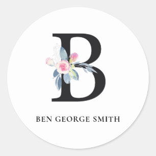 BLUSH BLUE FLORAL ALPHABETS NAME LETTER B RUNDER AUFKLEBER