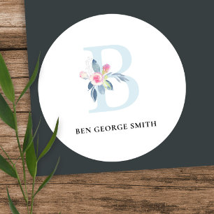 BLUSH BLUE FLORAL ALPHABETS NAME LETTER B RUNDER AUFKLEBER