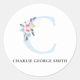 BLUSH BLUE FLORAL ALPHABETS NAME LETTER C RUNDER AUFKLEBER
