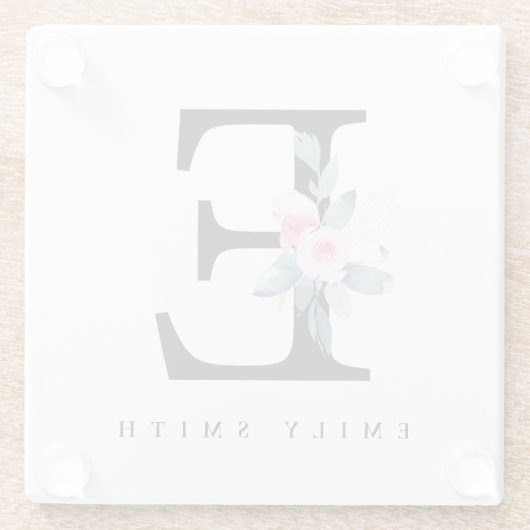 BLUSH BLUE FLORAL ALPHABETS NAME LETTER E GLASUNTERSETZER (Rückseite)