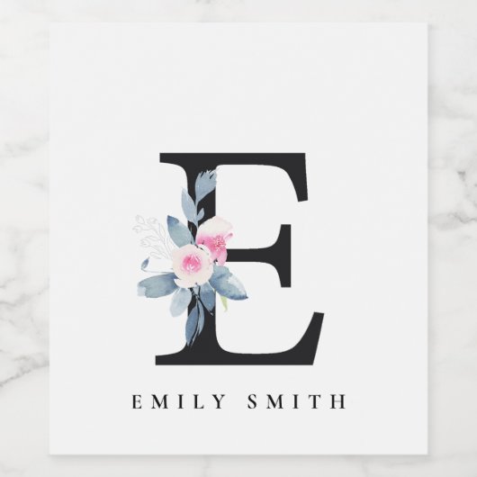 BLUSH BLUE FLORAL ALPHABETS NAME LETTER E WEINETIKETT (Einzelnes Label)