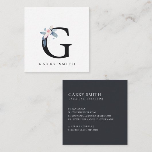 BLUSH BLUE FLORAL ALPHABETS NAME LETTER G QUADRATISCHE VISITENKARTE (Vorne/Hinten)