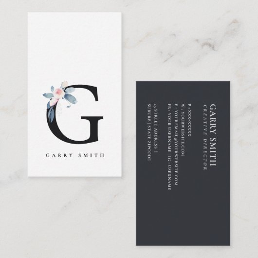 BLUSH BLUE FLORAL ALPHABETS NAME LETTER G VISITENKARTE (Vorne/Hinten)