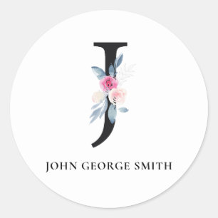BLUSH BLUE FLORAL ALPHABETS NAME LETTER J RUNDER AUFKLEBER