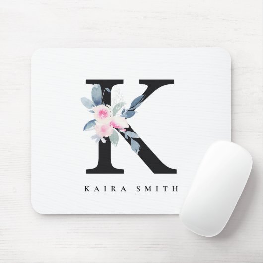 BLUSH BLUE FLORAL ALPHABETS NAME LETTER K MOUSEPAD (Mit Mouse)