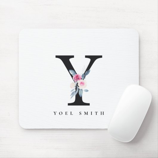 BLUSH BLUE FLORAL ALPHABETS NAME LETTER MOUSEPAD (Mit Mouse)