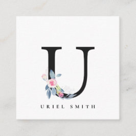 BLUSH BLUE FLORAL ALPHABETS NAME LETTER U QUADRATISCHE VISITENKARTE