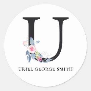 BLUSH BLUE FLORAL ALPHABETS NAME LETTER U RUNDER AUFKLEBER
