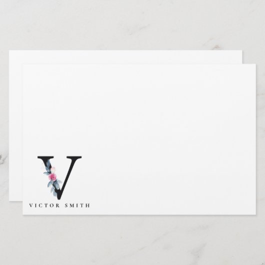 BLUSH BLUE FLORAL ALPHABETS NAME LETTER V BRIEFPAPIER (Vorne/Hinten)