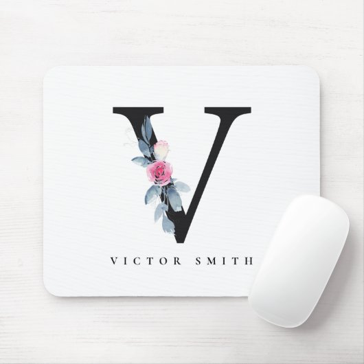 BLUSH BLUE FLORAL ALPHABETS NAME LETTER V MOUSEPAD (Mit Mouse)