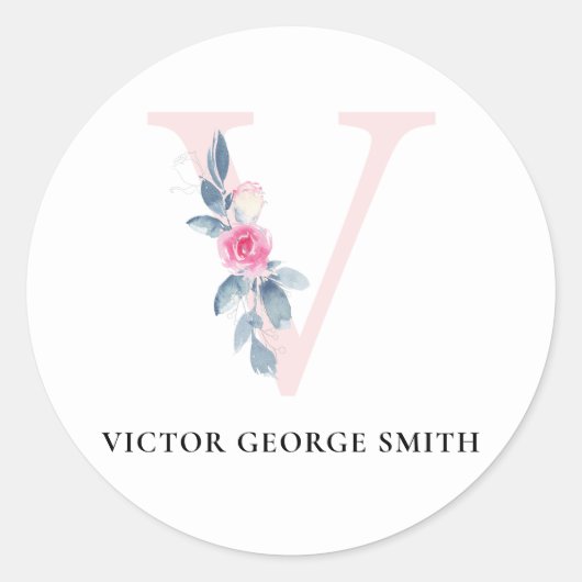 BLUSH BLUE FLORAL ALPHABETS NAME LETTER V RUNDER AUFKLEBER (Vorderseite)