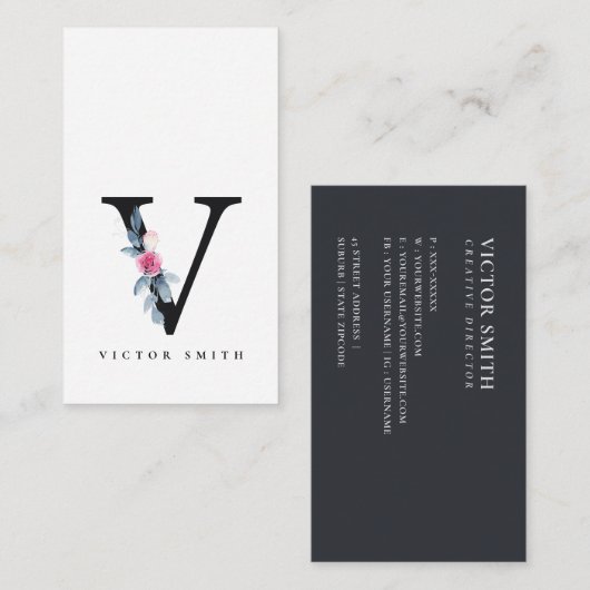 BLUSH BLUE FLORAL ALPHABETS NAME LETTER V VISITENKARTE (Vorne/Hinten)