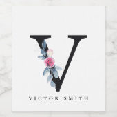 BLUSH BLUE FLORAL ALPHABETS NAME LETTER V WEINETIKETT (Einzelnes Label)