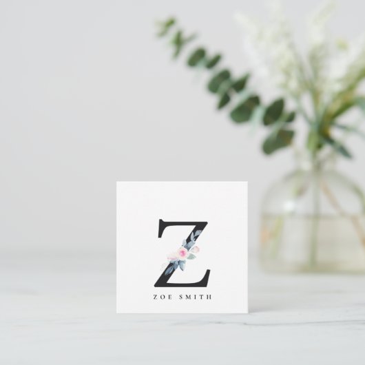 BLUSH BLUE FLORAL ALPHABETS NAME LETTER Z QUADRATISCHE VISITENKARTE (Stehend Vorderseite)