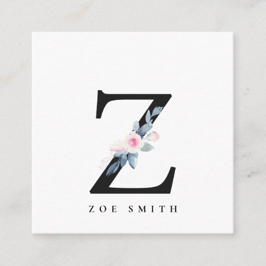 BLUSH BLUE FLORAL ALPHABETS NAME LETTER Z QUADRATISCHE VISITENKARTE (Vorderseite)