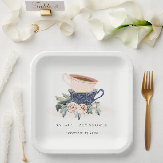Blush Blue Floral gestapelte Teebeutel Babydusche Pappteller (Hochzeit)
