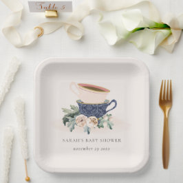 Blush Blue Floral gestapelte Teebeutel Babydusche Pappteller