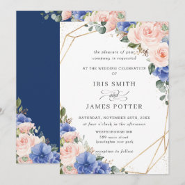 Blush & Blue Floral Rose Goldene geometrische Hoch Einladung