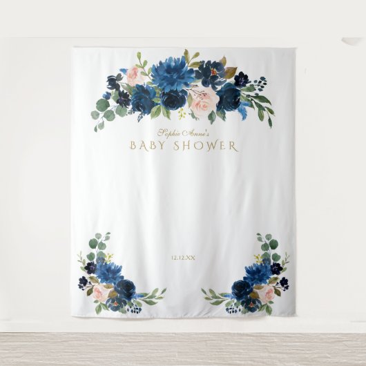 Blush Blue Flowers Birthday Foto Booth Prop Wandteppich (Vorderseite)