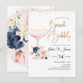 Blush+Blue Flowers Brunch Bubbly Pink Champagne Einladung (Vorne/Hinten)