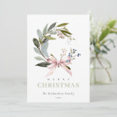Blush Blue Green Winter Weihnachtskranz Foto Feiertagskarte (Stehend Vorderseite)