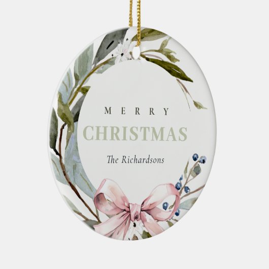 Blush Blue Green Winter Weihnachtskranz Foto Keramik Ornament (Rechts)