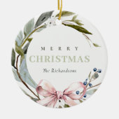 Blush Blue Green Winter Weihnachtskranz Foto Keramik Ornament (Vorne)