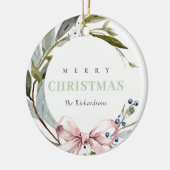 Blush Blue Green Winter Weihnachtskranz Foto Keramik Ornament (Links)