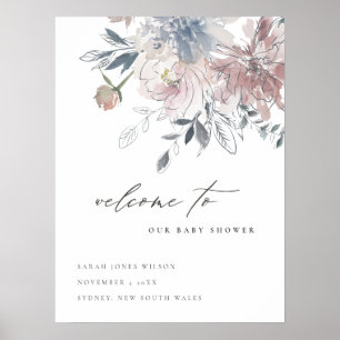 Blush Blue Wasserfarbe Blumenblütendusche Begrüßun Poster