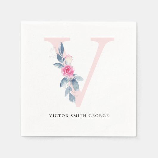 BLUSH BLUE WHUE BLLORAL ALPHABETS LETTER V SERVIETTE (Vorderseite)