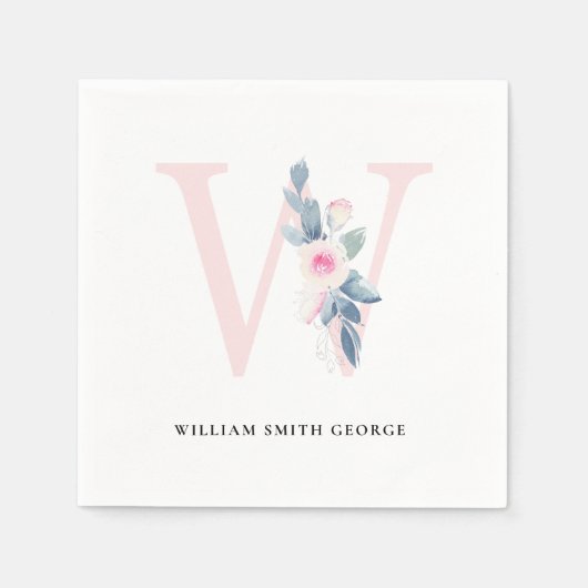 BLUSH BLUE WHUE BLLORAL ALPHABETS LETTER W SERVIETTE (Vorderseite)