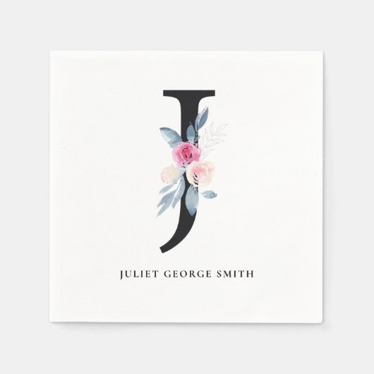BLUSH BLUE WHUE BLLORAL ALPHABETS SCHREIBEN J SERVIETTE (Vorderseite)
