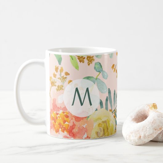 Blush Blues Floral Gold Glitzer Monogram Kaffeetasse (Mit Donut)