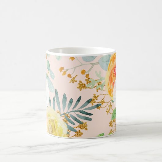 Blush Blues Floral Gold Glitzer Monogram Kaffeetasse (Mittel)