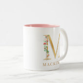 Blush Blues Floral Gold Letter M Monogramm Zweifarbige Tasse (VorderseiteRechts)