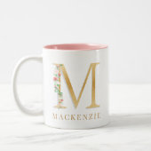 Blush Blues Floral Gold Letter M Monogramm Zweifarbige Tasse (Links)