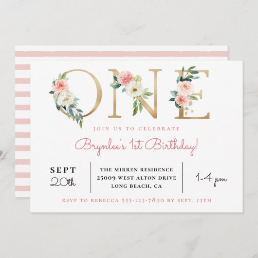 Blush Blues Golden ONE| Einladung zum 1. Geburtsta (Vorne/Hinten)