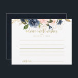 Blush-Blues-Hochzeit Postkarte<br><div class="desc">Diese Hochzeitsratenkarte mit blühenden Blütengold ist perfekt für eine rustikale Hochzeit. Das Design ist in dunkelblau, blau, blau, navy, rosa, rot, goldfarben und grün. Die Blume sind in hellen Farbtönen gehalten. Diese Karten sind ideal für Hochzeiten, Brautparty, Babydusche, Graduiertenfest u.v.m. Personalisieren Sie die Karten mit den Namen der Braut und...</div>