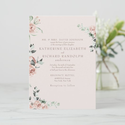 Blush Blume Eukalyptus Blush Wedding Einladung (Stehend Vorderseite)