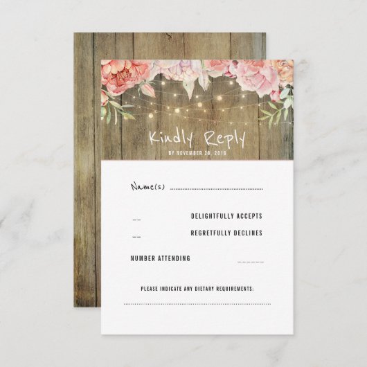 Blush-Blume Rustikale String-Lights Hochzeit RSVP (Vorne/Hinten)