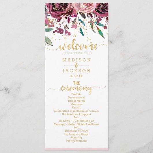 Blush Blume Streifen & Gold Hochzeitsprogramm Programm (Vorderseite)