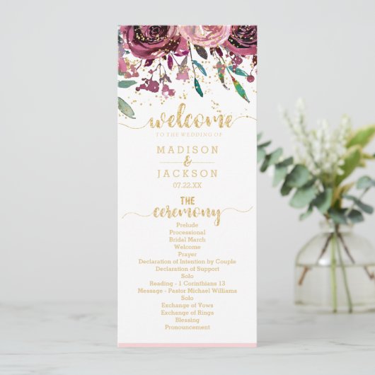 Blush Blume Streifen & Gold Hochzeitsprogramm Programm (Stehend Vorderseite)