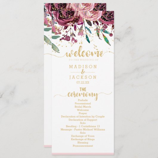 Blush Blume Streifen & Gold Hochzeitsprogramm Programm (Vorne/Hinten)