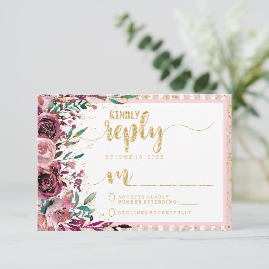 Blush Blume Streifen und UAWG für Hochzeitsfeiern RSVP Karte (Stehend Vorderseite)