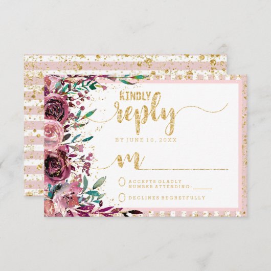 Blush Blume Streifen und UAWG für Hochzeitsfeiern RSVP Karte (Vorne/Hinten)